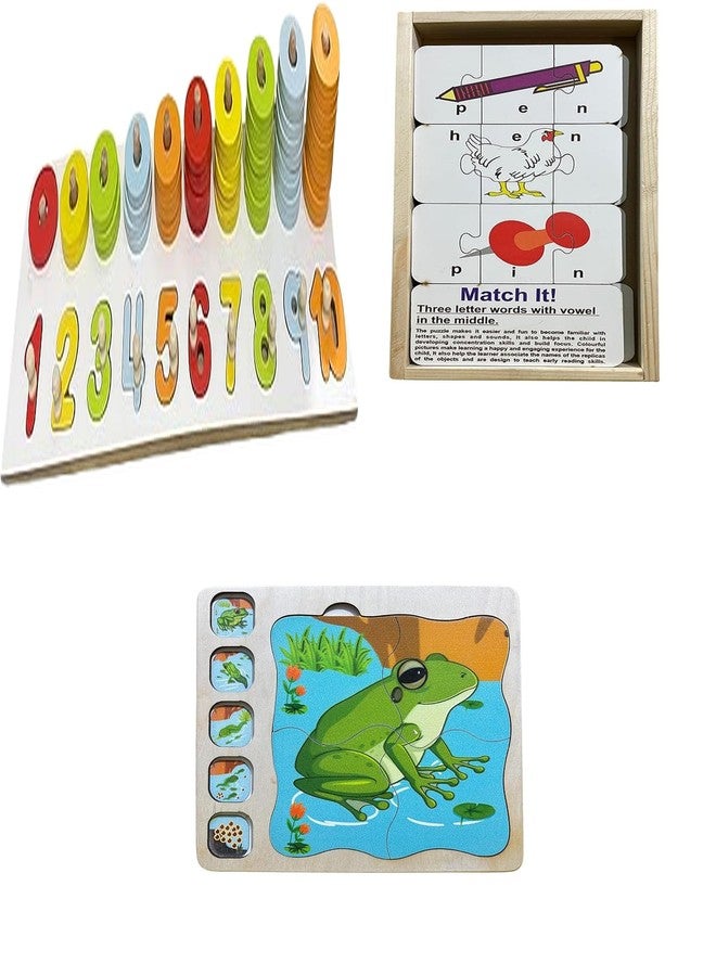Kinder Creative Peg Number Ring Counting Set,3 Letter Word Puzzles,Frog Life Cycle Layering Puzzle, Educational Puzzle and Toys for Kids Pack of 3 - Image 1